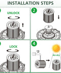Installation steps for 2 Pack DXVC6910 Cartridge Filter Replacement For 6 To 16 Gallon Wet Dry Vacuums showing unlock, lock, clean, and dry process.
