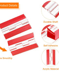 Six Piece Clear Acrylic Hinges, 100x42mm Invisible Self Adhesive Backing, 275 Degree Swivel, showcasing durable red shafts.