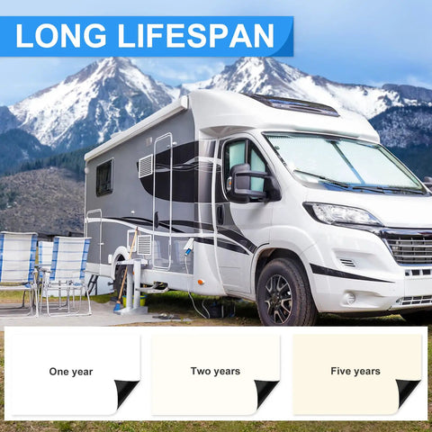 RV parked in scenic landscape using RV Roof Tape 4 Inch By 50 Feet White Sealant Tape For Roof Repair On RVs No Drama Leaks Trailers Boats