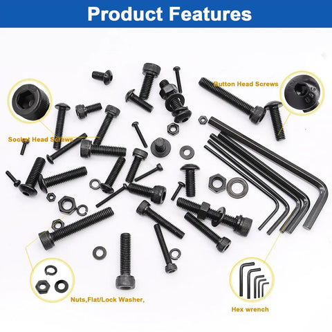 Kick Ass 3670 Pieces Metric Bolt Assortment Kit featuring various socket head screws, flat washers, and hex wrenches.