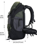 Side view of Ultra Lightweight 50L Hiking Backpack For Men And Women Durable 2.2 Lb Camping Pack with comfortable straps and dimensions shown.