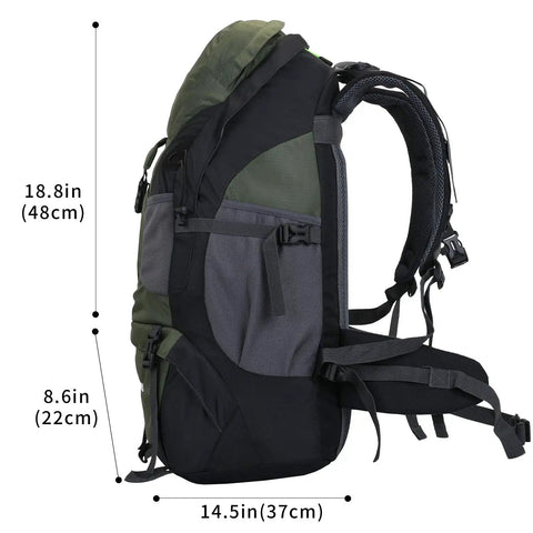 Side view of Ultra Lightweight 50L Hiking Backpack For Men And Women Durable 2.2 Lb Camping Pack with comfortable straps and dimensions shown.