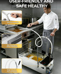 Heavy Duty Commercial Fryer Oil Filter Cart With Wheels For Restaurant Kitchens Fifteen Gallon Stainless Steel Unit showing oil gun handle and tank.