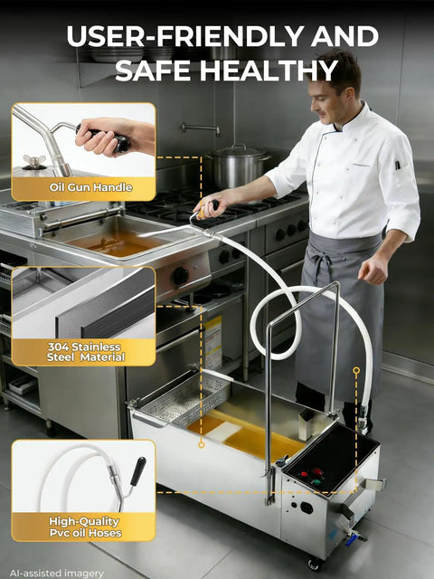 Heavy Duty Commercial Fryer Oil Filter Cart With Wheels For Restaurant Kitchens Fifteen Gallon Stainless Steel Unit showing oil gun handle and tank.