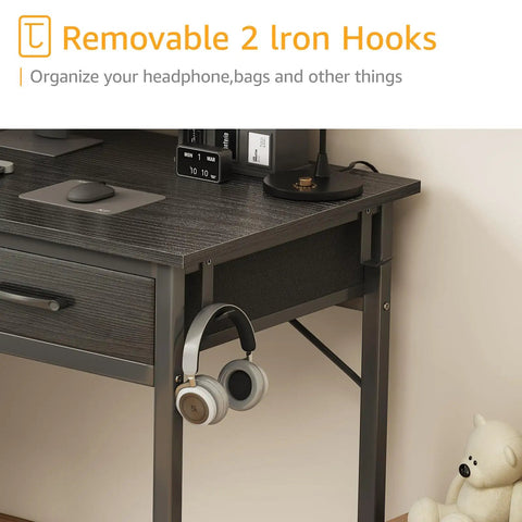 Compact Gaming Desk With Fabric Drawers For Bedroom Or Dorm, 32 inch desk showing iron hooks with headphones attached