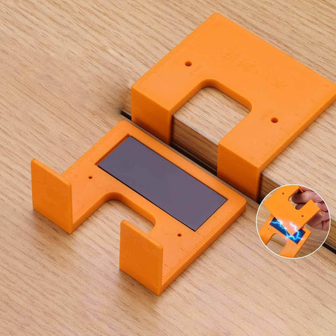 Cabinet Door Mounting Jig With Magnetic Locking For No Drill Installation And Quick Cabinet Hinge Alignment on wooden surface.