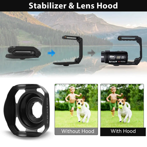 8K Video Camera Camcorder with stabilizer and lens hood setup, showing effects with and without hood in landscape setting