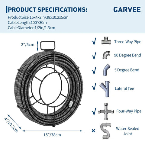 Heavy Duty 100ft Drain Snake With Quick Change Cutter Heads Power Drill Compatible Sewer Auger shown with specifications diagram.