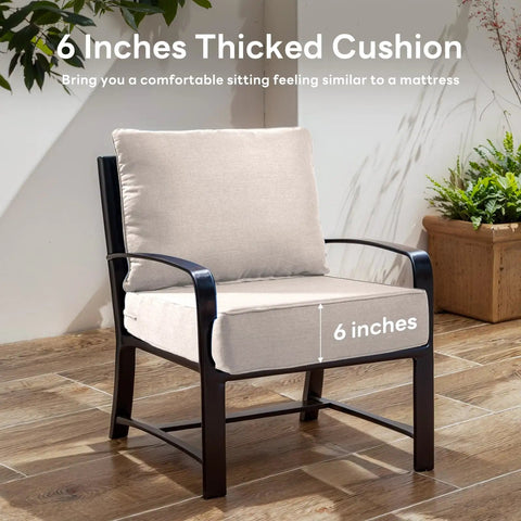 6 inch beige cushion on black patio chair, part of 8-Piece Thick 6 Inch Outdoor Cushion Set For Patio Furniture, Includes Four 24x24x6 Inch Seat Cushions And Four 21x24x6 Inch Back Cushions, Waterproof Removable Covers, Beige, 28D High Density Sponge Filling