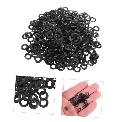 Wave Washer Gasket Assortment Kit With 500 Pieces Of Spring Steel Elastic Washers For Screws And Bolts In Electrical Connections And Automotive Applications DIY Ready For Pro Builds, black washers in pile and hand