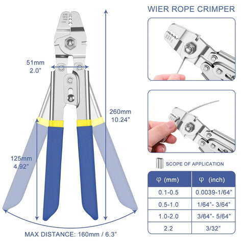 100Ft Wire Rope Crimping Tool Kit With 304 Stainless Steel Cable 7x7 Strand Core 1.5mm, All In One Crimping Set tools close-up