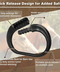 Close-up of Protective Horse Blocker Tie Kit, black plastic clip showing quick release design with five loop settings.