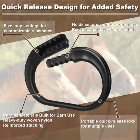Close-up of Protective Horse Blocker Tie Kit, black plastic clip showing quick release design with five loop settings.