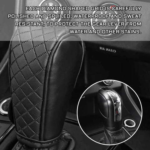 Solid Kick Upgrade For Your Ride Using This Clean Black Leather Car Gear Shift Knob Cover, showcasing a diamond textured grip.