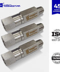 Cosmostar 1/4in NPT stainless steel 316 inline ball check valve, male x female, three units shown
