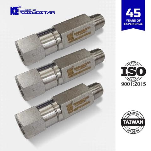Cosmostar 1/4in NPT stainless steel 316 inline ball check valve, male x female, three units shown