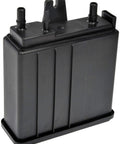 Black plastic vapor canister for direct replacement in evaporative emissions system on select models, front view.
