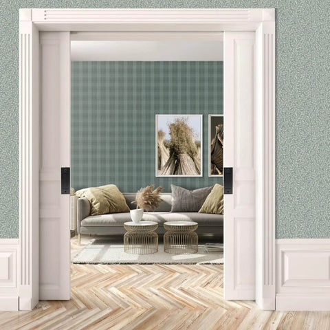 Finger Flush Pulls for Sliding Pocket Barn Door Handle Set installed in modern living room, Matte Black Finish, 2x6 Inches