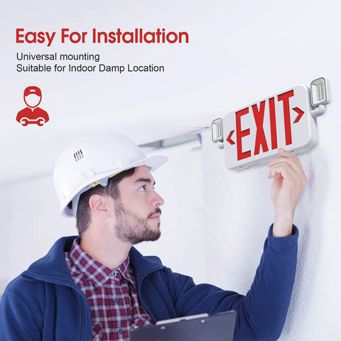 Installer mounting LED Combo Emergency Exit Sign With Two Adjustable Head Lights And Backup Battery US Standard Red Letter Commercial Safety Lighting UL 924 AC 120 277V 2 Pack Kit