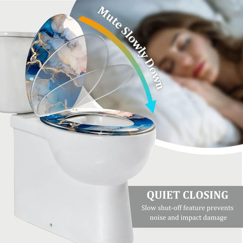 Elongated Decorative Toilet Seat for Bathroom with slow close feature, blue and gold design, fits standard round toilets.