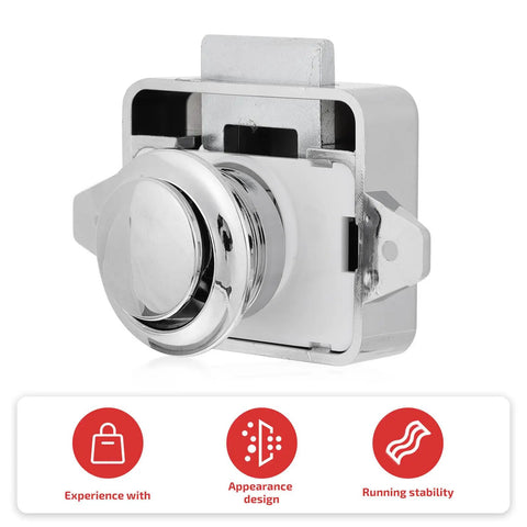 Push Button Cabinet Door Latch Locks 5 Pack For Zinc Alloy And ABS Material In Silver Finish showcasing design and features.