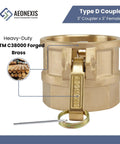 3 Inch Camlock Fittings Type D Heavy Duty Forged Brass Coupler With Female NPT Adapter showing brass body and latch detail.