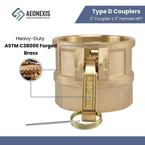 3 Inch Camlock Fittings Type D Heavy Duty Forged Brass Coupler With Female NPT Adapter showing brass body and latch detail.
