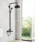 Exposed Wall Mount Shower Faucet Set With 8 Inch Rain Showerhead Brass Handheld Spray Double Cross Handles Oil Rubbed Bronze Finish 2 Function Diverter Top Notch Brass Construction installed in a modern bathroom with outdoor view