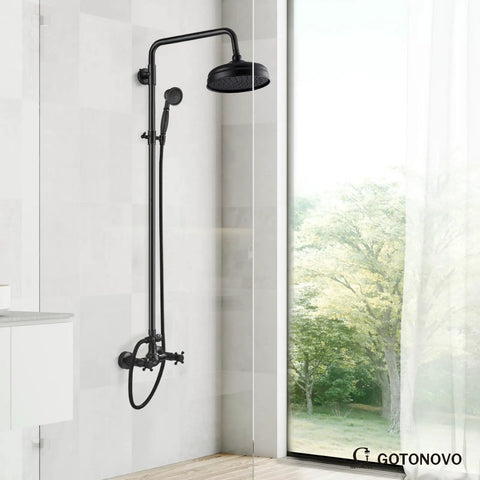 Exposed Wall Mount Shower Faucet Set With 8 Inch Rain Showerhead Brass Handheld Spray Double Cross Handles Oil Rubbed Bronze Finish 2 Function Diverter Top Notch Brass Construction installed in a modern bathroom with outdoor view