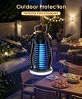 Cordless Bug Zapper Outdoor 4200V Electric Mosquito Zapper Fly Trap hanging on patio with glowing UV light at night
