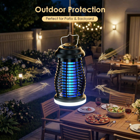Cordless Bug Zapper Outdoor 4200V Electric Mosquito Zapper Fly Trap hanging on patio with glowing UV light at night