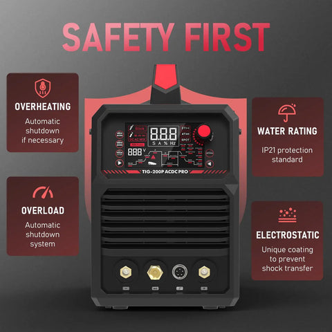 Dual Voltage Aluminum TIG Welder With Pulse, AC/DC Inverter, Large LED Display, 200 Amp, safety features overview