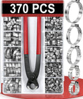Hydencamm 370-piece stainless steel single-ear hose clamp kit, 5.3–33.1 mm (304 SS), with red-handled pliers.