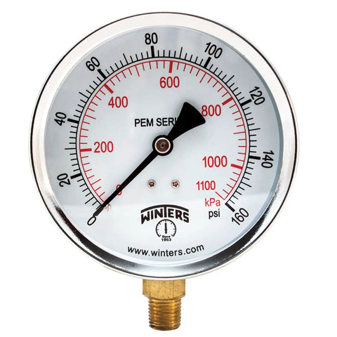 Four Inch Dial Dry Pressure Gauge With Brass Internals And Steel Case Dual Scale Psi And KPa From Zero To One Hundred Sixty Psi