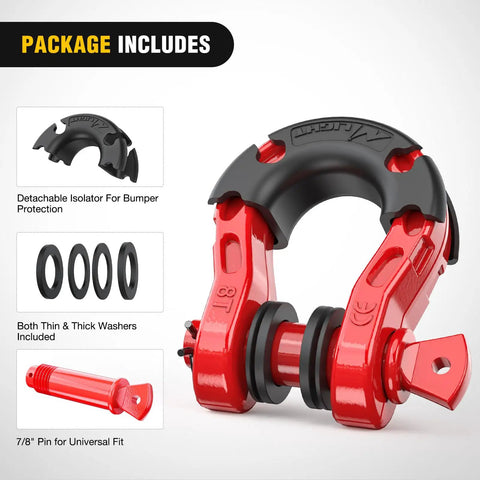 Package contents of Mega D Ring Shackle Set 68,000 Lb Break Strength 17,000 Lb WLL Heavy Duty Forged Steel Off Road Recovery Shackles