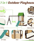 Diagram of Natural Cedar Wood Backyard Swing Set With Wave Slide, showing features like belt swings, wave slide, and clubhouse.