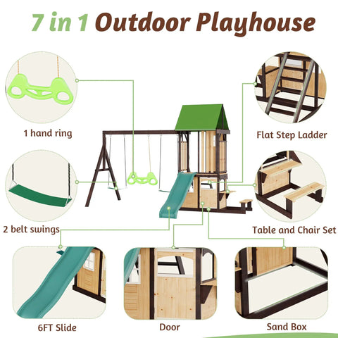 Diagram of Natural Cedar Wood Backyard Swing Set With Wave Slide, showing features like belt swings, wave slide, and clubhouse.