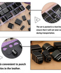 52 Shape Style Leather Hole Punch Tool Set With 52 Shapes, showing punches and storage case for leather crafting