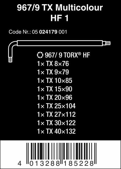 Packaging label for Torx L Key Set 9 Piece With Holding Function For Recessed Torx Screws Black Laser Coated, size details listed.