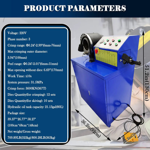 Heavy Duty Electric Hydraulic Hose Crimping Machine Featuring Twelve Crimping And Ten Skiving Dies For High Pressure Tubing One Quarter To Three Inch Sizes 220 Volt Three Phase Works Like A Charm, showcasing product parameters and dimensions.
