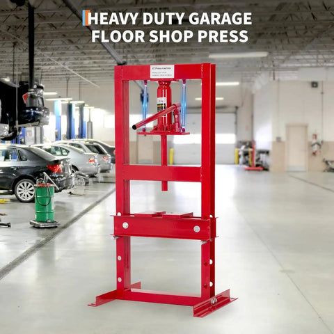 Heavy Duty H Frame Hydraulic Shop Press With Adjustable Table Red Garage Floor Press for bending steel and pressing bearings in a workshop.