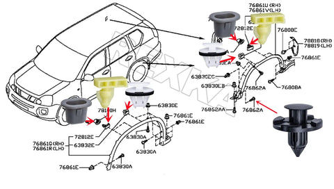 Diagram showing 45 Piece Wheel Well Opening Molding Clips And Fender Flare Retainer Kit For Nissan Armada Juke Murano Rogue QX56 QX80