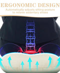 Ergonomic design illustration for a cushion supporting spine alignment and reducing sitting stress.