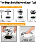 Bathtub Drain Stopper Pop Up Tub Stopper Hair Catcher installation steps with different stopper types and user inserting new stopper.