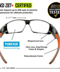Kick Ass Full Frame Clear Safety Glasses With Smooth Sporty Fit And Badass 99 Point 9 Percent Uv Shielding For Serious Eye Coverage And All Day Grind Comfort In A 144 Pair Bulk Pack, showcasing the wraparound design and polycarbonate frame.