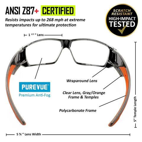 Kick Ass Full Frame Clear Safety Glasses With Smooth Sporty Fit And Badass 99 Point 9 Percent Uv Shielding For Serious Eye Coverage And All Day Grind Comfort In A 144 Pair Bulk Pack, showcasing the wraparound design and polycarbonate frame.