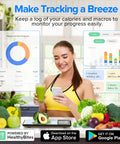 Woman using Your Kitchen Sidekick Smart Scale With Nutritional Calculator And Free App for nutrition tracking, surrounded by fruits.