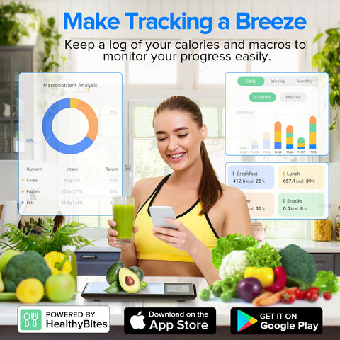 Woman using Your Kitchen Sidekick Smart Scale With Nutritional Calculator And Free App for nutrition tracking, surrounded by fruits.