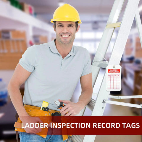 60 Pack Ladder Inspection Tags With Double Sided Safety Record Labels And Beefy Nylon Cords Plus Durable Ink Pen For Warehouse Crews And Municipal Sites Easy Grip Layout Straight Talk Compliance Notes Built Tough For The Day Shift Grind on a ladder, held by a worker in safety gear.