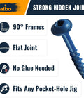 Pocket Hole Screws Set For Woodworking Beefy DIY Friendly Size Eight One And One Quarter Inch 500 Pc Blue Zinc Carbon Steel Self Tapping Washer Head Robertson Square Drive Cabinet And Furniture Wood Fasteners With 150 Millimeter Bit Included, shown with strong hidden joints benefits.